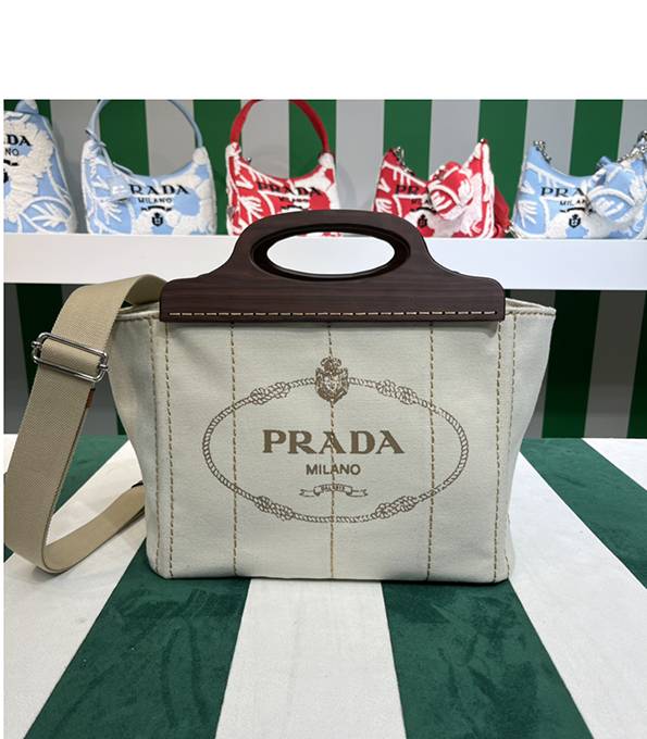 Prada White Original Nylon 35cm Tote Bag With Wooden Handle