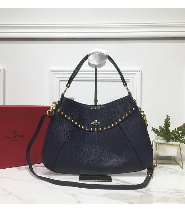 Valentino Garavani Twinkle Studs Dark Blue Original Litchi Veins Calfskin Leather Medium Shoulder Bag