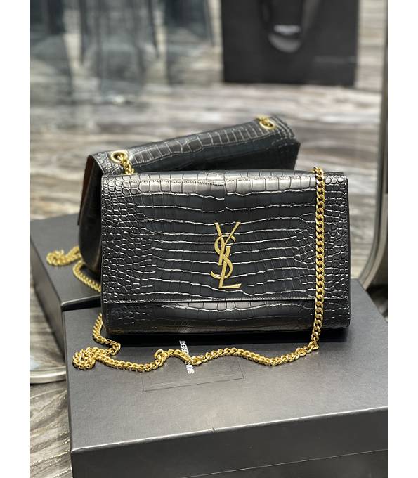 YSL Kate Black/Brown Original Croc/Scrub Reversible Leather Golden Chain Shoulder Bag