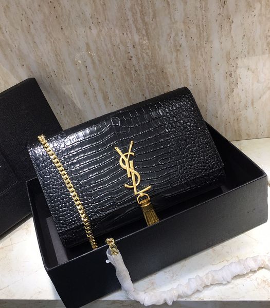 YSL Kate Black Original Croc Veins Leather Golden Metal Tassel Medium Chain Bag