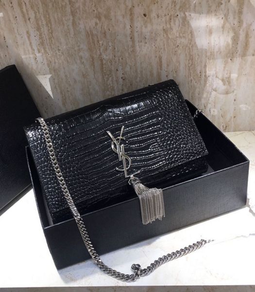 YSL Kate Black Original Croc Veins Leather Silver Metal Tassel Medium Chain Bag