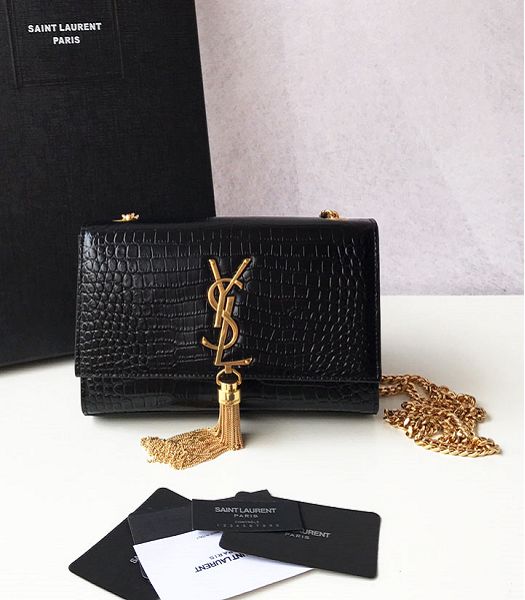 YSL Kate Black Original Croc Veins Leather Tassel Golden Chain 20cm Flap Bag