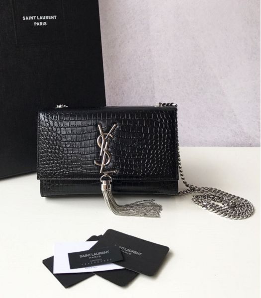 YSL Kate Black Original Croc Veins Leather Tassel Silver Chain 20cm Flap Bag