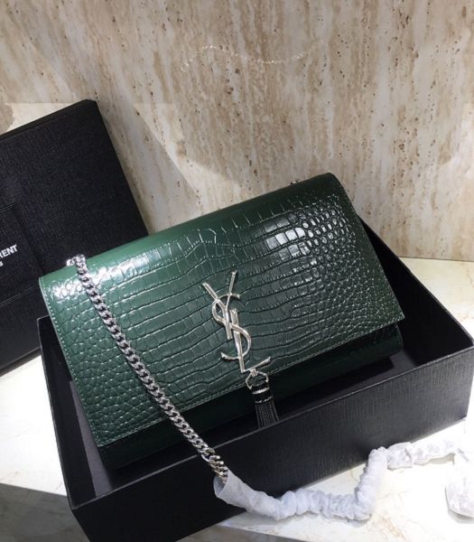 YSL Kate Green Original Croc Veins Leather Silver Metal Tassel Medium Chain Bag