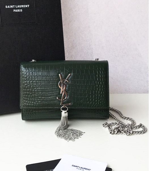 YSL Kate Green Original Croc Veins Leather Tassel Silver Chain 20cm Flap Bag