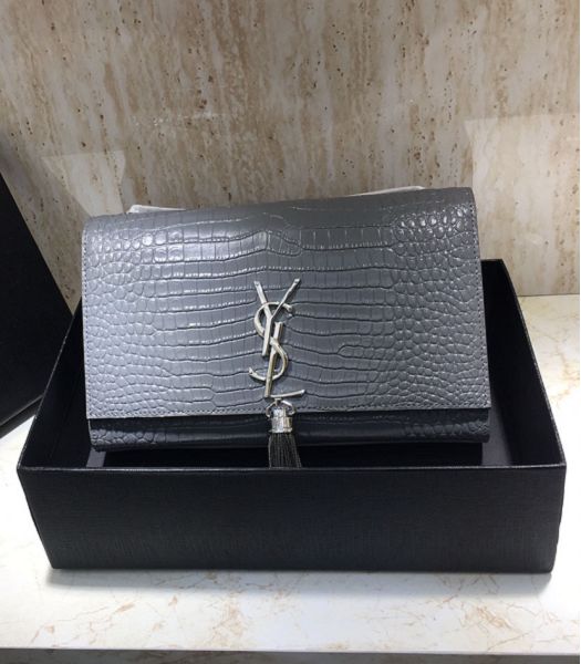 YSL Kate Grey Original Croc Veins Leather Silver Metal Tassel Medium Chain Bag
