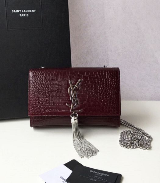 YSL Kate Jujube Original Croc Veins Leather Tassel Silver Chain 20cm Flap Bag
