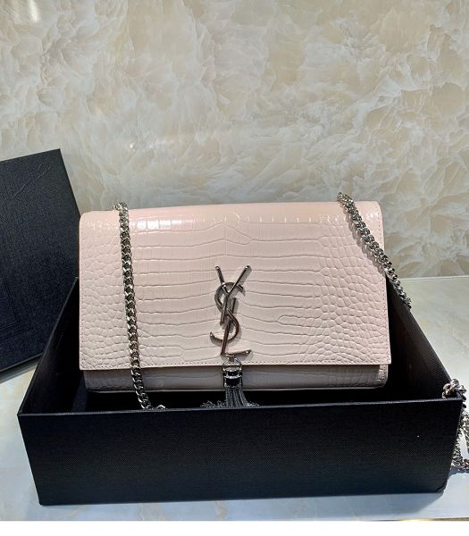 YSL Kate Nude Pink Original Croc Veins Leather Silver Metal Tassel Medium Chain Bag