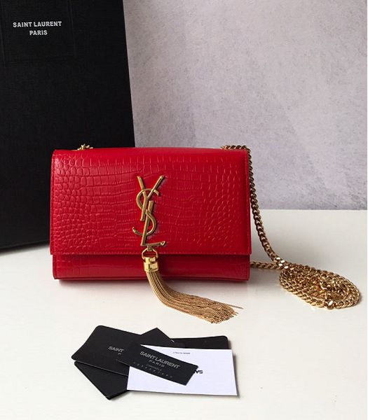 YSL Kate Red Original Croc Veins Leather Tassel Golden Chain 20cm Flap Bag