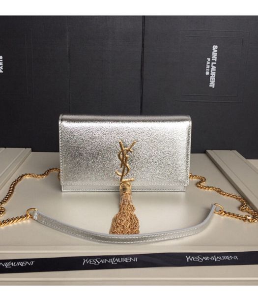 YSL Kate Silver Original Real Leather Tassel Chain Wallet With Tassel