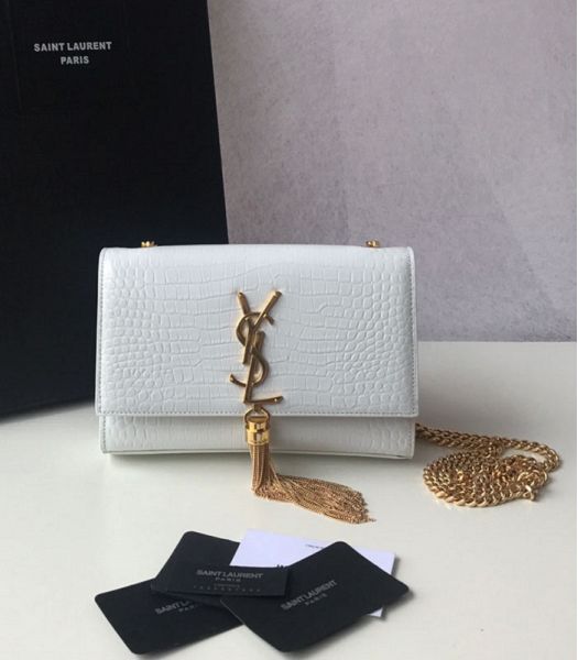 YSL Kate White Original Croc Veins Leather Tassel Golden Chain 20cm Flap Bag