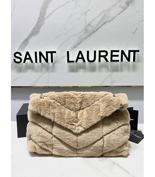 YSL Loulou Puffer Apricot Rabbit Hair With Original Leather Golden Chain 35cm Shoulder Bag