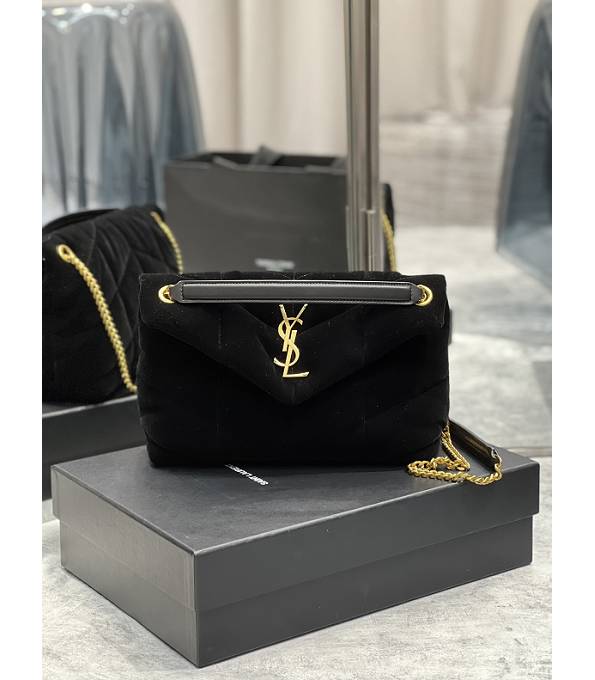 YSL Loulou Puffer Black Original Velvet Leather Golden Chain 29cm Shoulder Bag