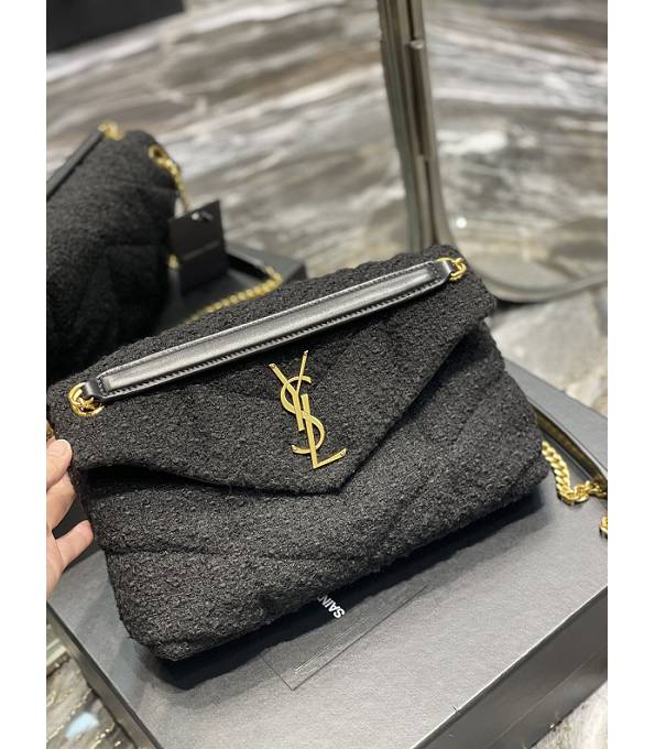 YSL Loulou Puffer Black Tweed With Original Leather Golden Chain 29cm Shoulder Bag