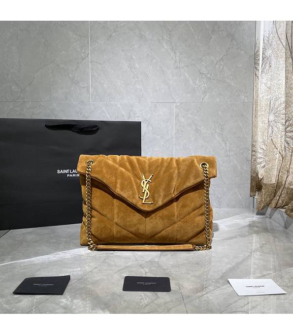 YSL Loulou Puffer Brown Original Scrub Leather Golden Chain 35cm Shoulder Bag