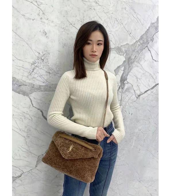 YSL Loulou Puffer Brown Rabbit Hair With Original Leather Golden Chain 35cm Shoulder Bag