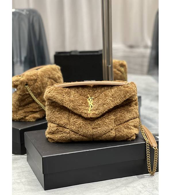 YSL Loulou Puffer Caramel Wool With Original Leather Golden Chain 29cm Shoulder Bag