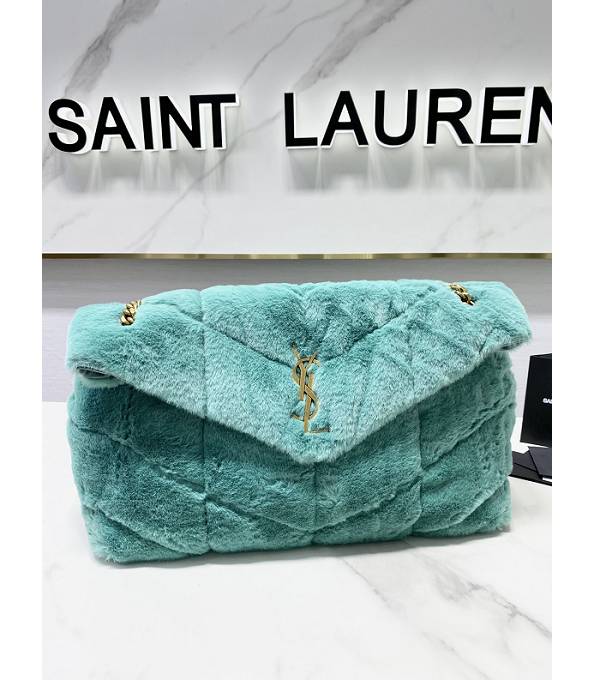 YSL Loulou Puffer Peacock Green Rabbit Hair With Original Leather Golden Chain 35cm Shoulder Bag