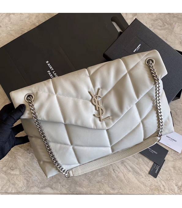 YSL Loulou Puffer White Original Lambskin Leather Silver Chain 35cm Shoulder Bag