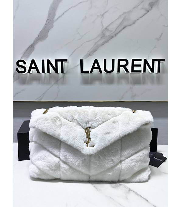 YSL Loulou Puffer White Rabbit Hair With Original Leather Golden Chain 35cm Shoulder Bag