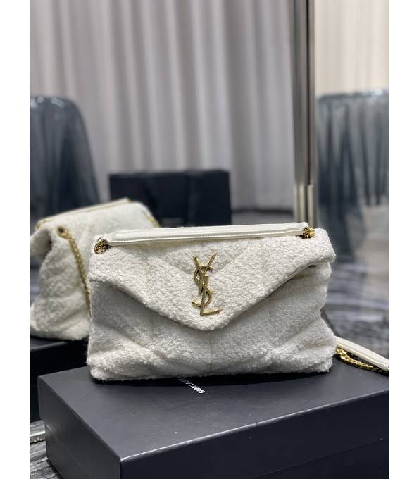 YSL Loulou Puffer White Tweed With Original Leather Golden Chain 29cm Shoulder Bag