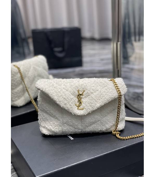 YSL LouLou Puffer White Tweed With Original Soft Leather Golden Metal Mini Shoulder Bag
