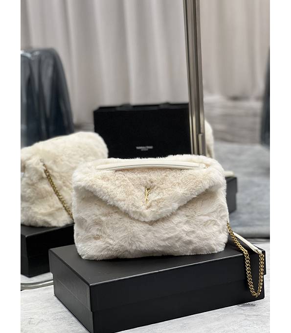 YSL Loulou Puffer White Wool With Original Leather Golden Chain 29cm Shoulder Bag
