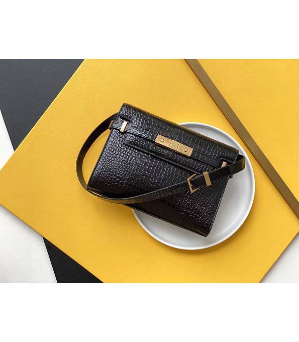 YSL Manhattan Black Original Croc Veins Calfskin Leather Golden Metal 24cm Shoulder Bag