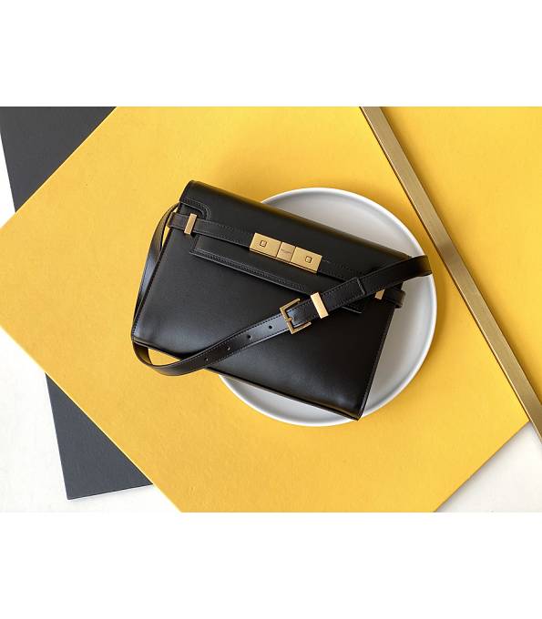 YSL Manhattan Black Original Plain Veins Calfskin Leather Golden Metal 24cm Shoulder Bag