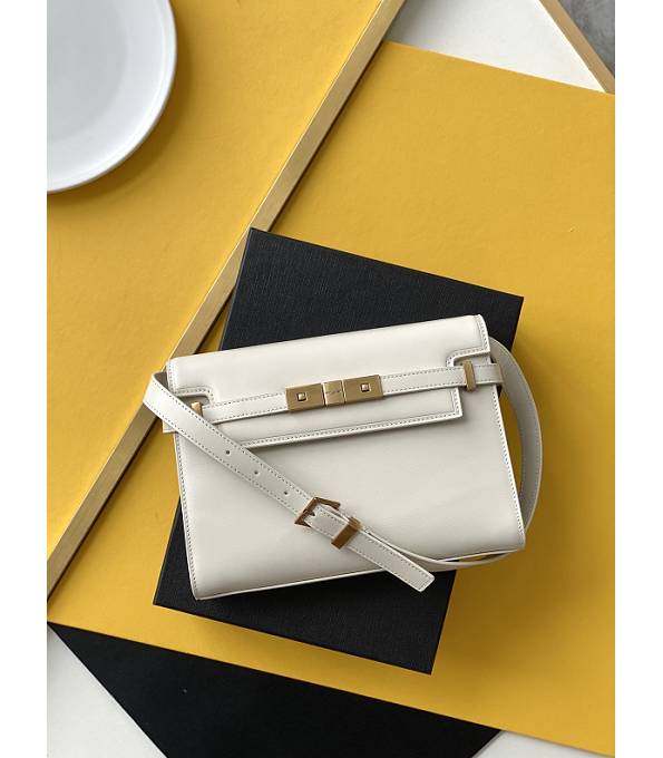 YSL Manhattan White Original Plain Veins Calfskin Leather Golden Metal 24cm Shoulder Bag