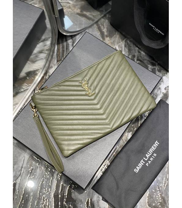 YSL Monogram Matelasse Green Original Calfskin Leather Golden Metal Tablet Pouch