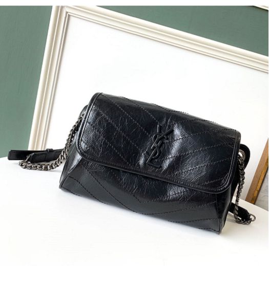 YSL Niki Black Original Oil Wax Real Leather Silver Metal Body Belt Bag