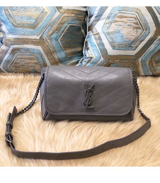 YSL Niki Grey Original Oil Wax Real Leather Silver Metal Body Belt Bag
