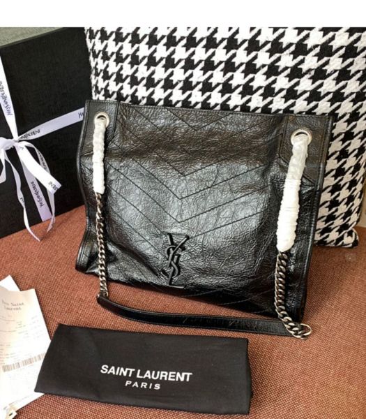 YSL Niki Monogram Black Original Wrinkly Leather Medium Shopping Bag