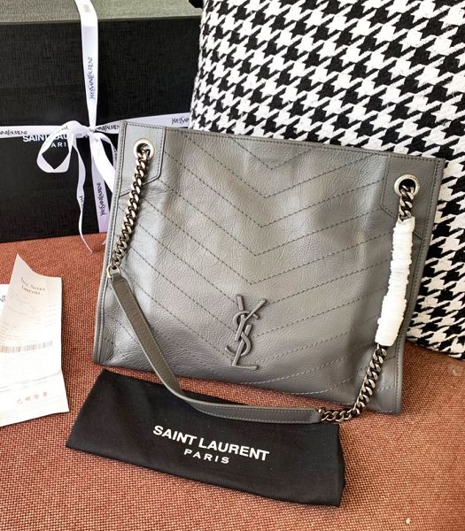 YSL Niki Monogram Elephant Grey Original Wrinkly Leather Medium Shopping Bag