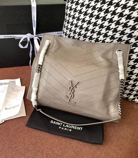 YSL Niki Monogram Tin Grey Original Wrinkly Leather Medium Shopping Bag