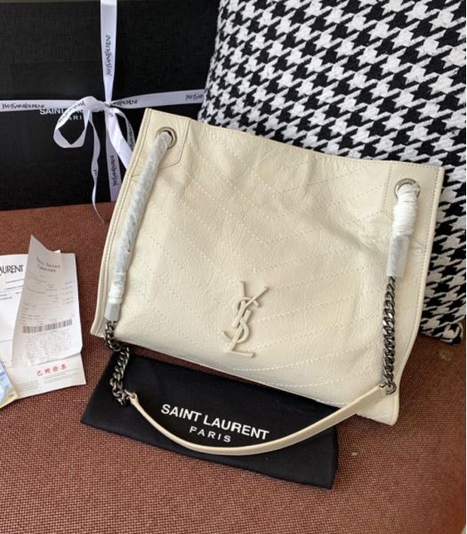YSL Niki Monogram White Original Wrinkly Leather Medium Shopping Bag