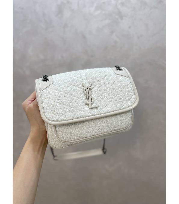 YSL Niki White Tweed With Original Leather Silver Chain Small Crossbody Bag
