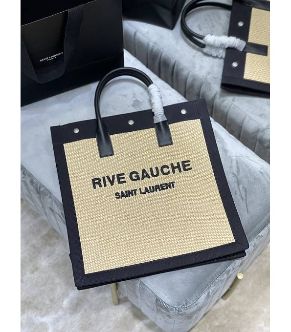 YSL Rive Gauche Apricot Canvas With Black Original Leather Medium Tote Bag