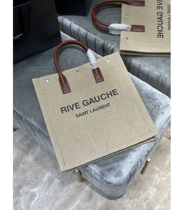 YSL Rive Gauche Beige Canvas With Brown Original Leather Medium Tote Bag