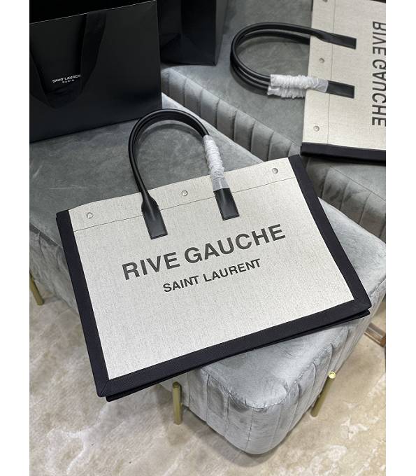YSL Rive Gauche White/Black Canvas With Original Leather Large Tote Bag