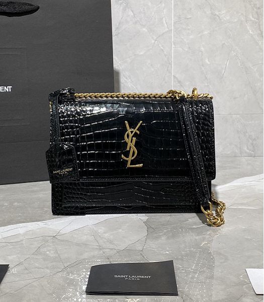 YSL Sunset Black Original Croc Veins Real Leather Golden Metal Medium Flap Shoulder Bag