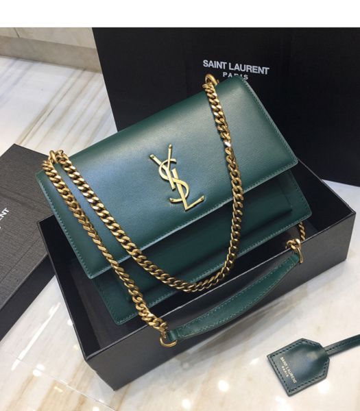 YSL Sunset Green Original Real Leather Golden Metal Medium Flap Shoulder Bag
