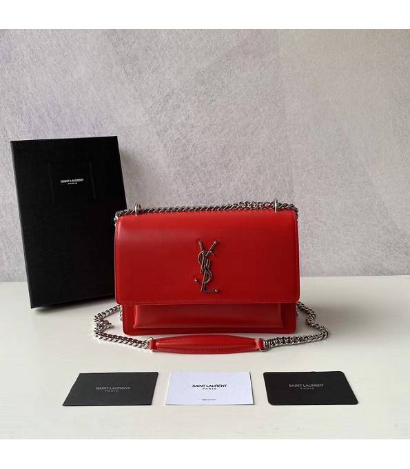 YSL Sunset Red Original Pin Stripes Calfskin Leather Silver Metal 22cm Crossbody Bag