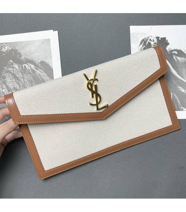 YSL Uptown White Canvas With Brown Original Calfskin Leather Golden Metal Envelope Pouch
