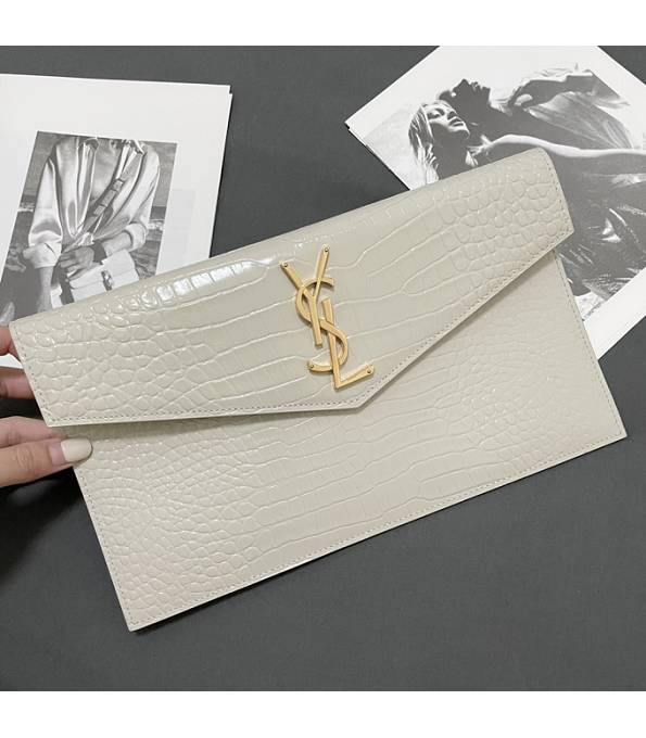 YSL Uptown White Original Croc Veins Calfskin Leather Golden Metal Envelope Pouch