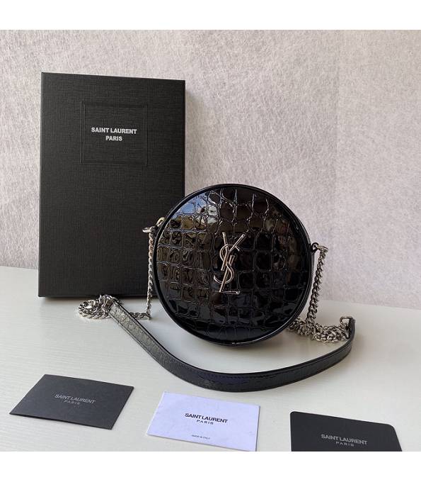 YSL Vinyle Black Original Croc Veins Patent Leather Silver Metal Round Camera Bag
