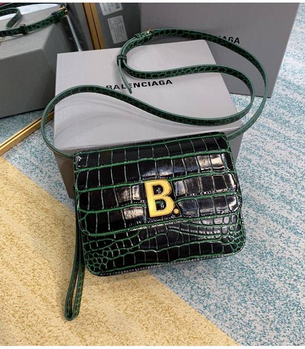 Balenciaga B Dark Green Original Croc Veins Leather Golden Metal Crossbody Bag