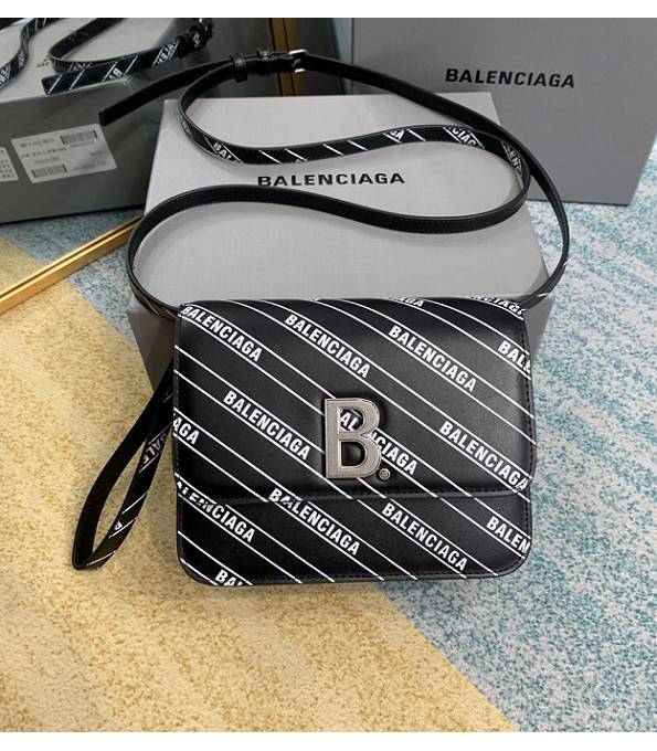 Balenciaga B Logo Print Black Original Plain Veins Leather Silver Metal Crossbody Bag