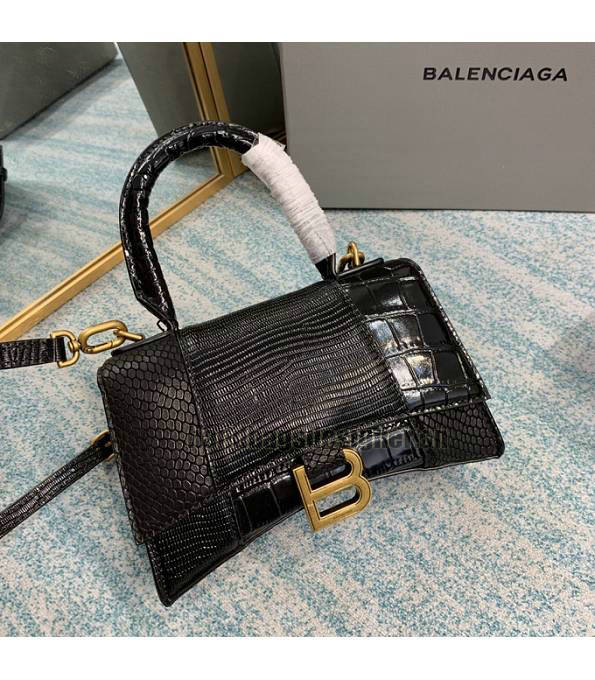 Balenciaga Black Original Croc/Snake/Lizard Veins Calfskin Golden Metal 19cm Hourglass Bag-3